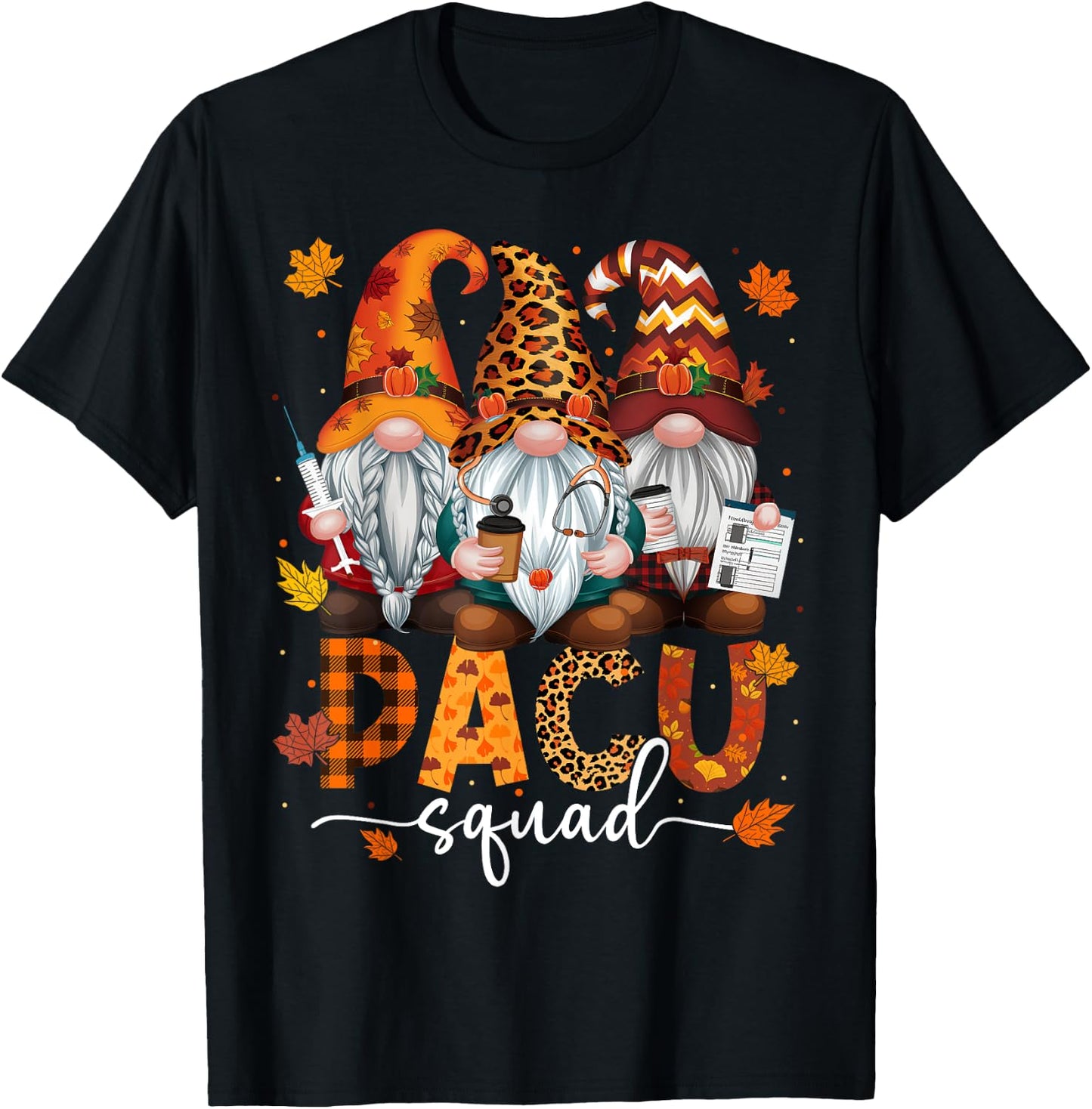 PACU Squad Gnome Nurse Leopard Thanksgiving Stethoscope T-Shirt - T-Shirt | Black