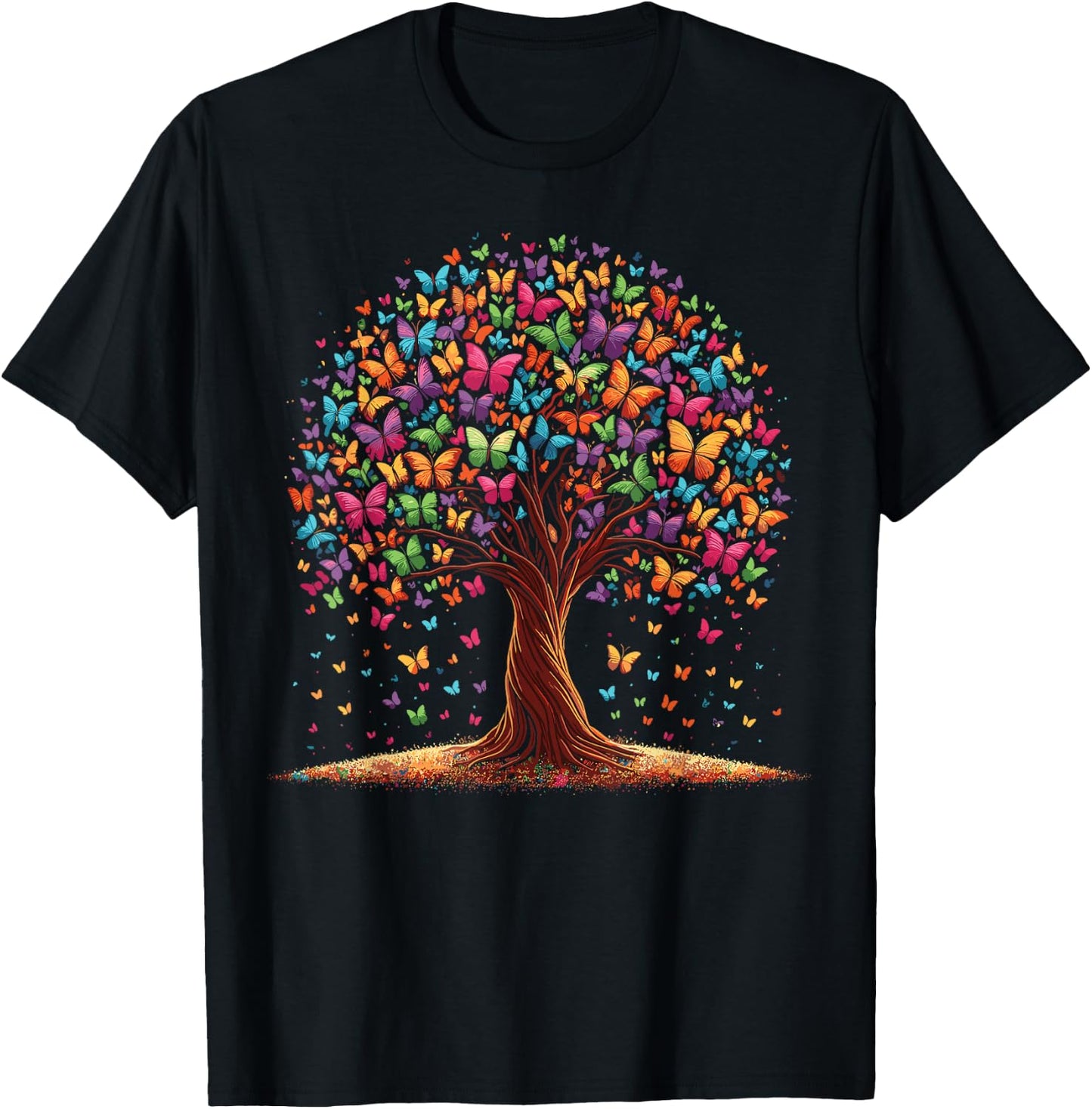 Vibrant Tree of Butterflies T-Shirt - T-Shirt | Black