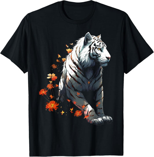 Tiger in White - Flowers Artwork - Animal Art Tiger T-Shirt - T-Shirt | Black