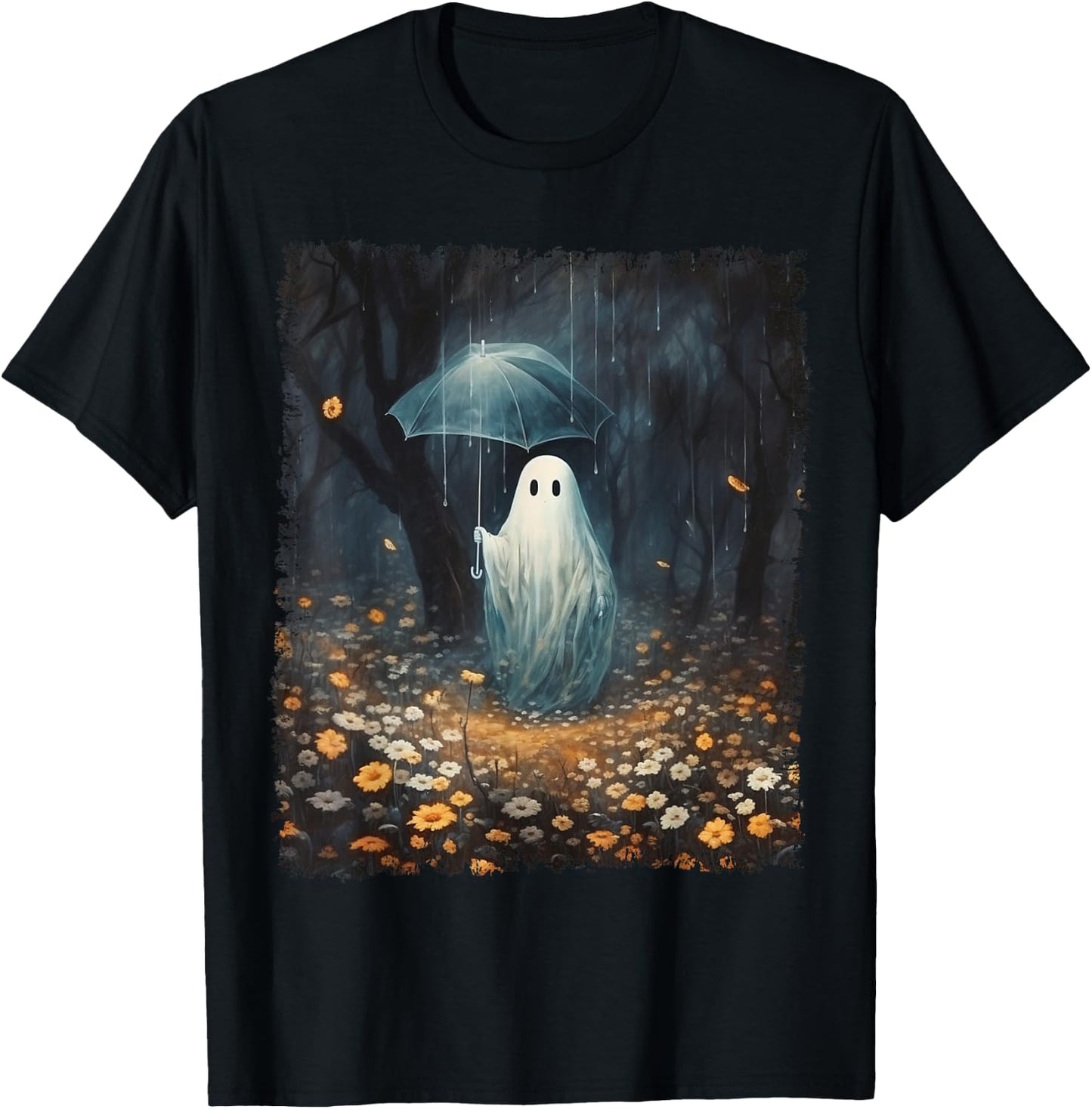 Vintage Halloween Spooky Ghost In The Forest Umbrella Gothic T-Shirt - T-Shirt | Black