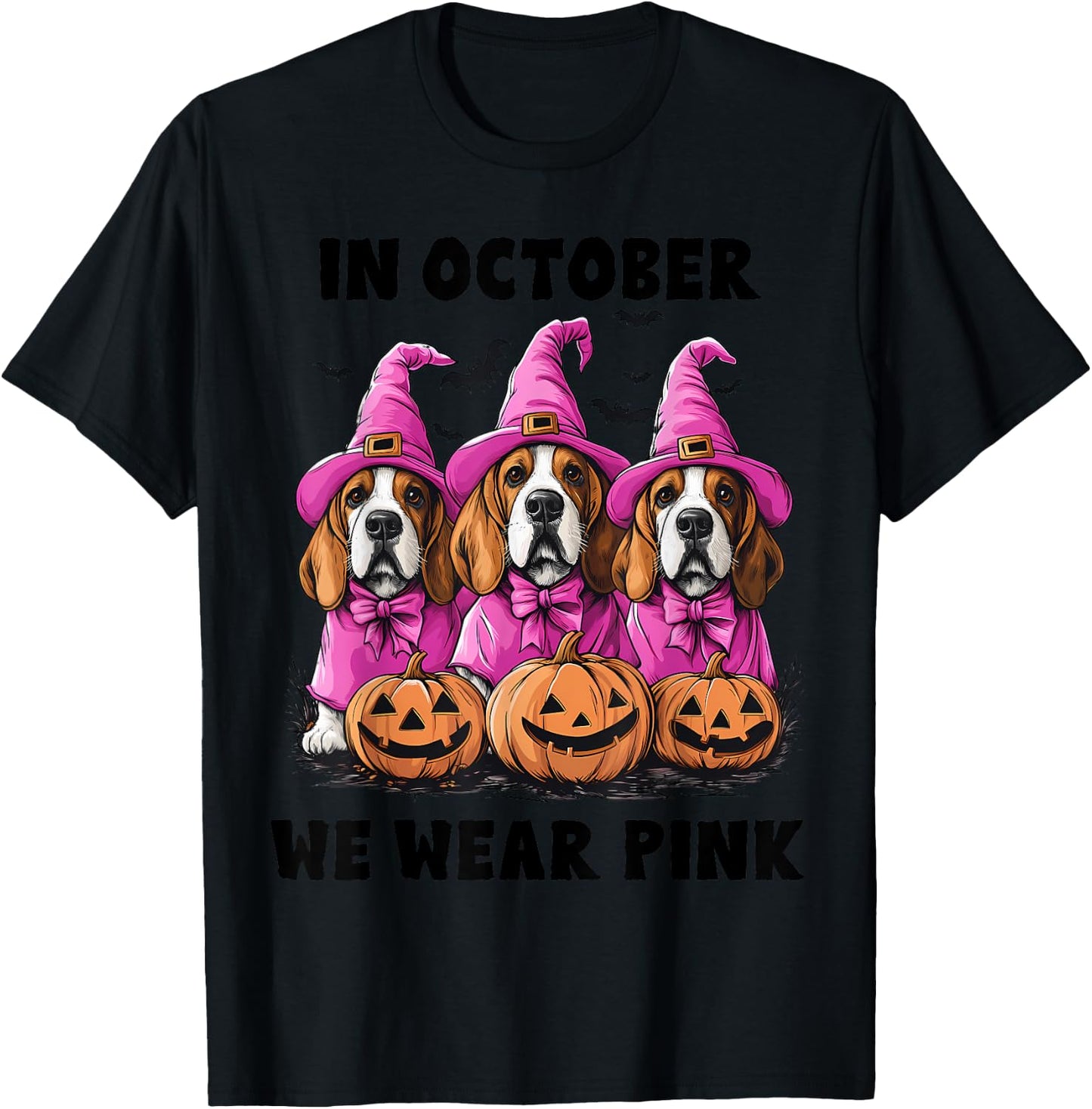 In October We Wear Pink Basset Hound Halloween Breast Cancer T-Shirt - T-Shirt | Black