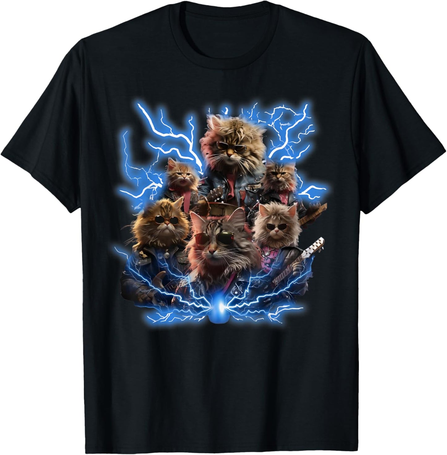 Cats Playing Guitar Retro Rock Music Band Women Kid T-Shirt - T-Shirt | Black