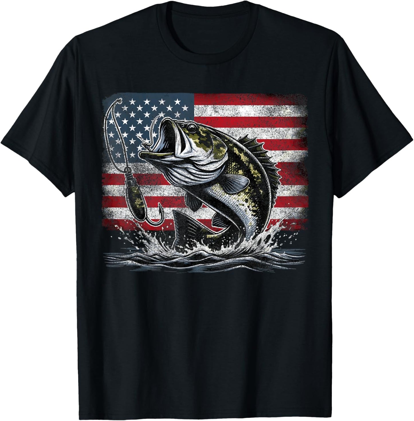 Fishing Retro American Flag Bass Fish Fisherman Camo T-Shirt - T-Shirt | Black