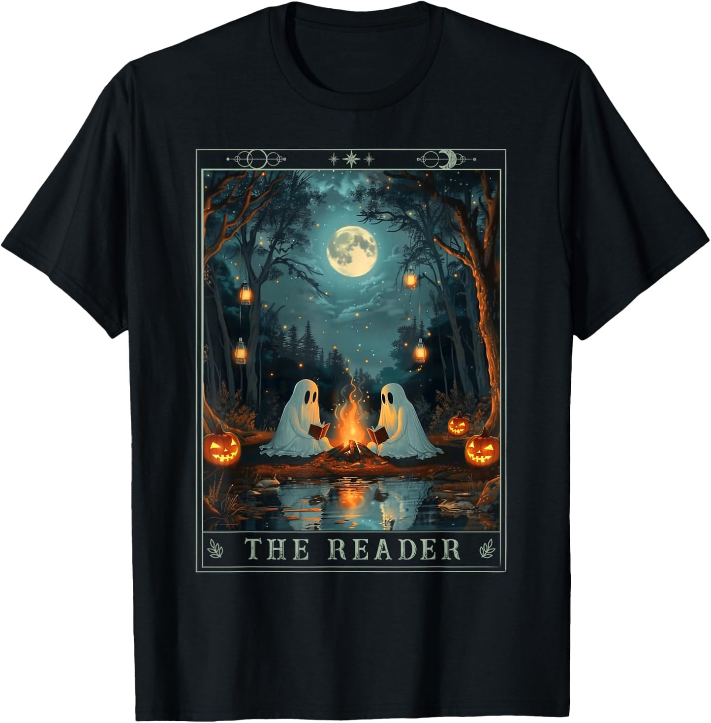 The Reader Bookish Cute Spooky Ghost Reading Book Tarot Card T-Shirt - T-Shirt | Black