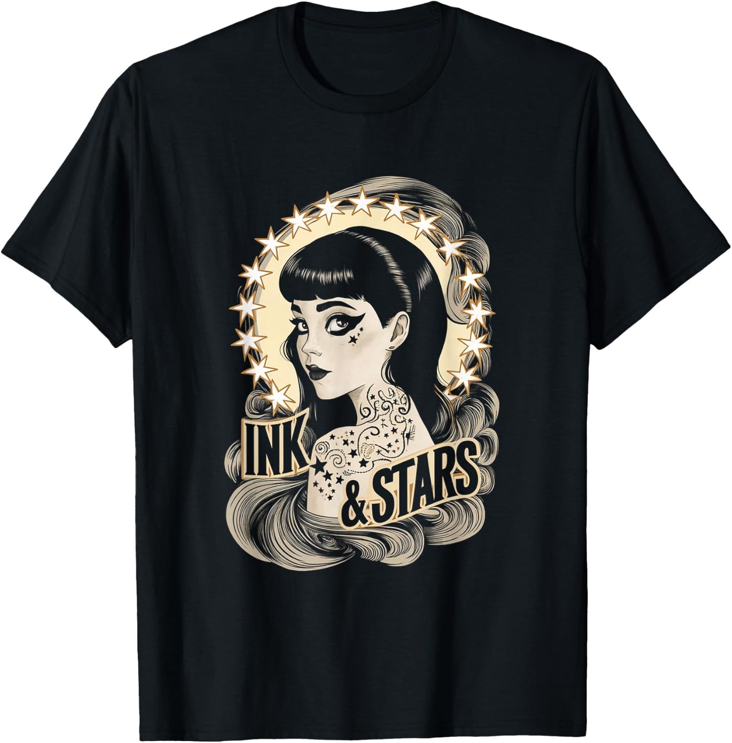 Vintage Tattoo Goth Girl Ink and Stars T-Shirt - T-Shirt | Black