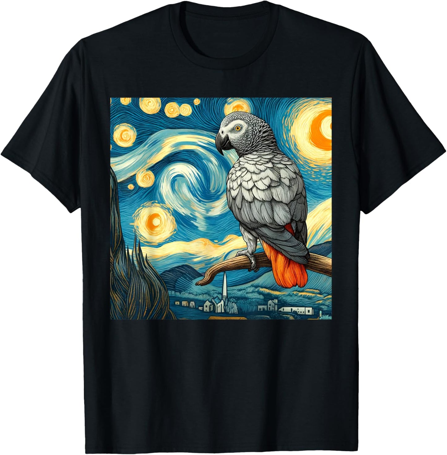African Grey Parrot Owner Bird Lover Starry Night Van Gogh T-Shirt - T-Shirt | Black