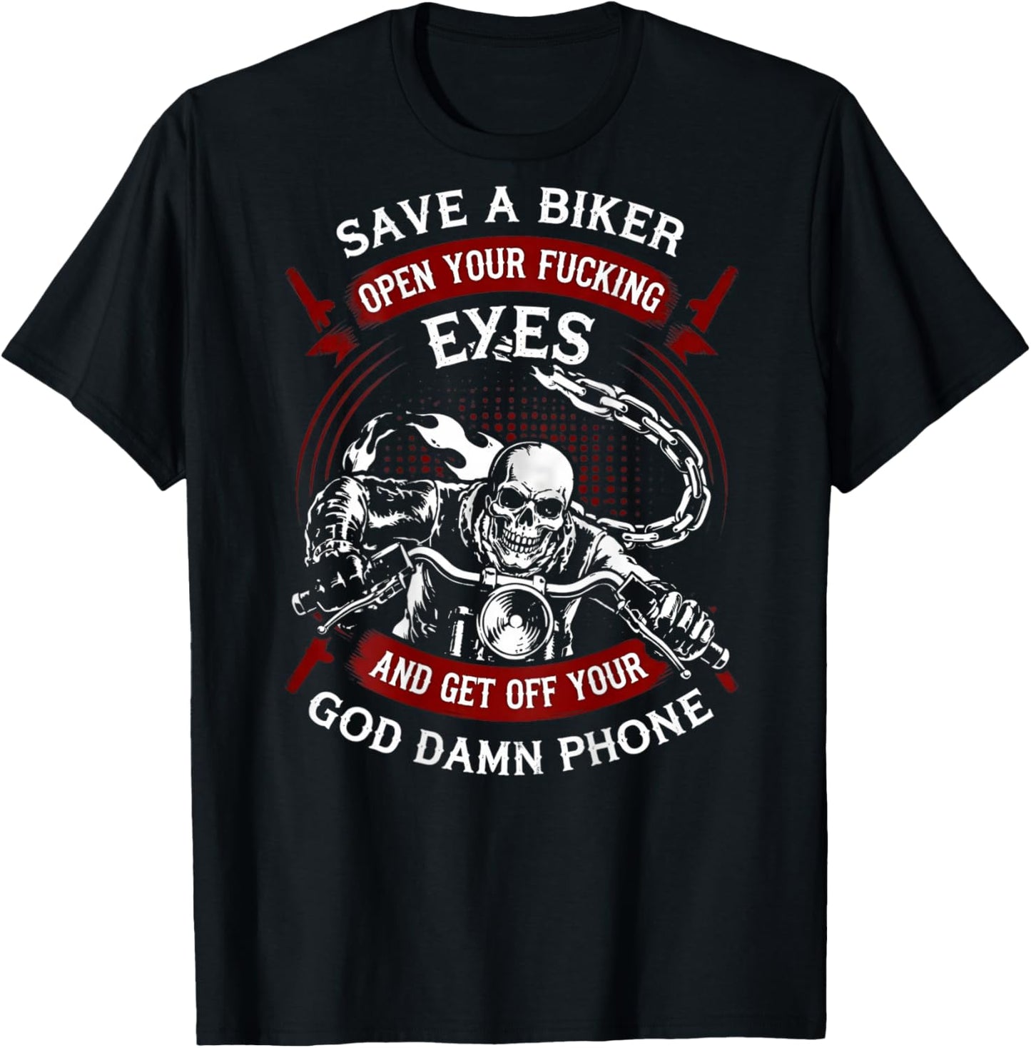 Save A Biker Open Your Eyes Get Off Your Phone (on Back) T-Shirt - T-Shirt | Black