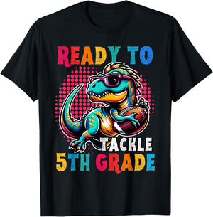 First day back to School 5th grade Boys Football Dinosaur T-Shirt - T-Shirt | Black