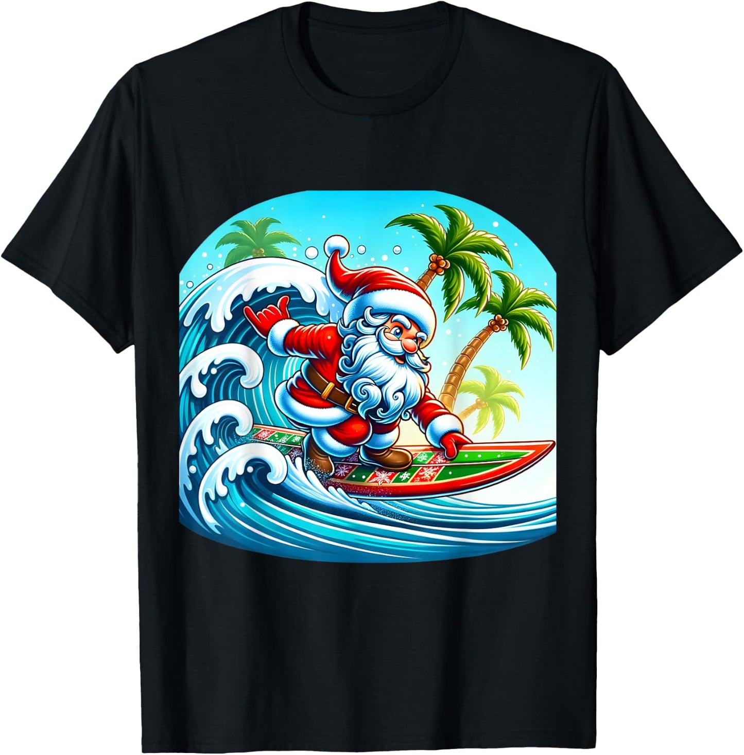 Christmas Surfing Santa Beach Surfboard Palms Women Kids T-Shirt - T-Shirt | Black