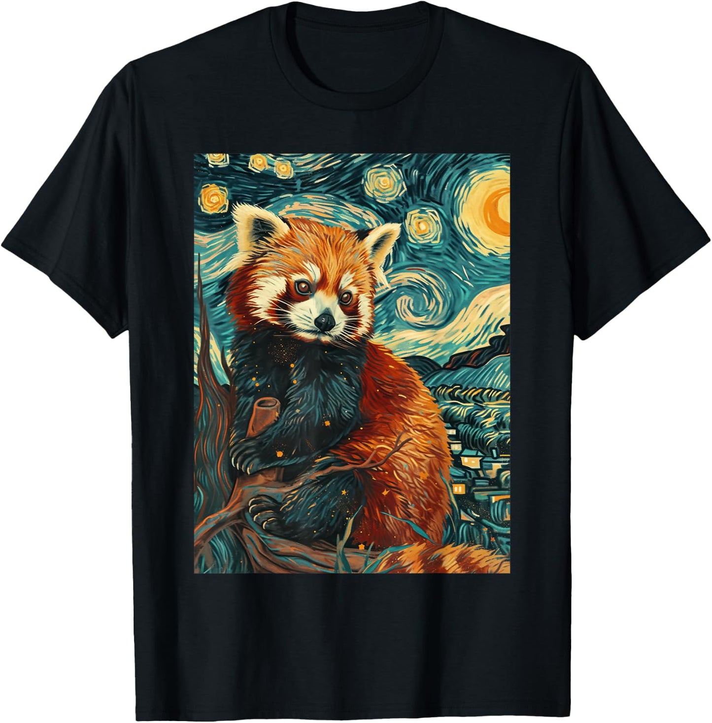 Red Panda Starry Night Van Gogh Graphic T-Shirt - T-Shirt | Black