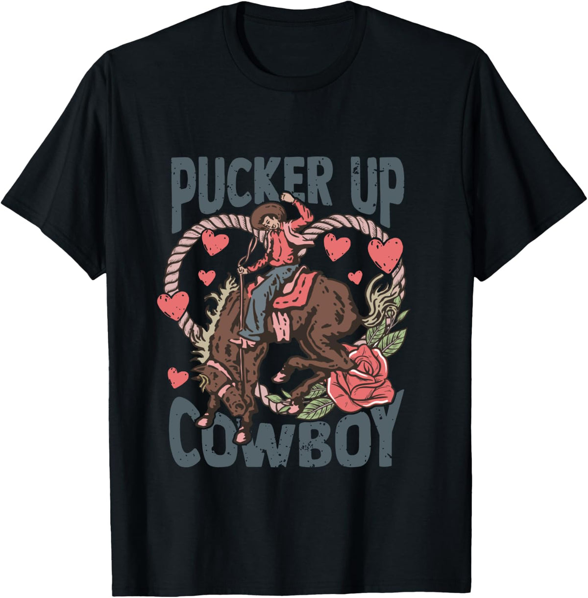 Pucker Up Cowboy Retro Groovy Howdy Valentines Cowboy Hat T-Shirt - T-Shirt | Black