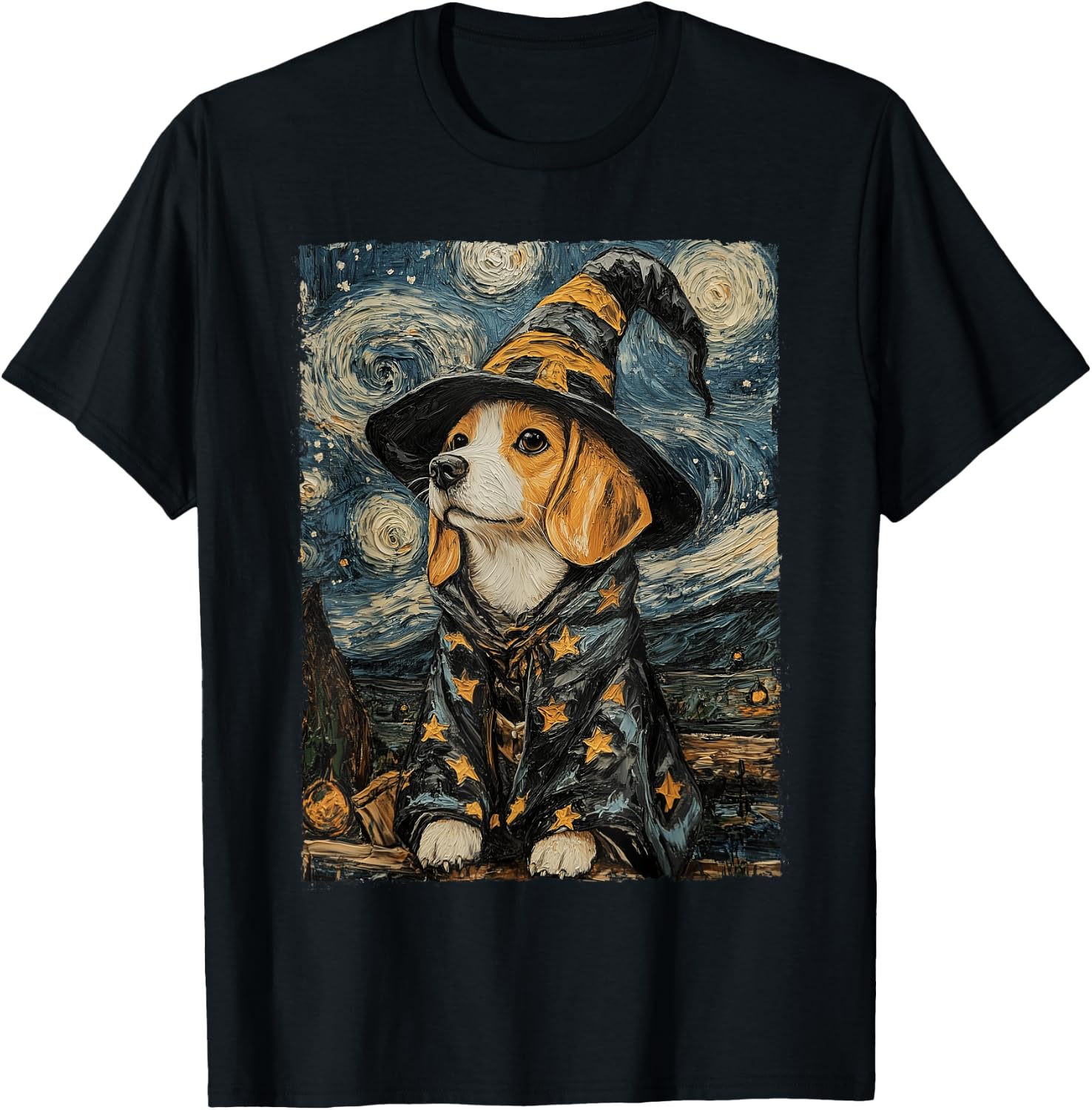 Beagle Witch Costume Painting Starry Night Dog T-Shirt - T-Shirt | Black