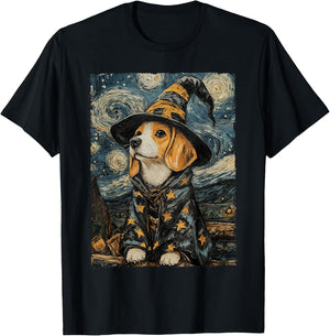 Beagle Witch Costume Painting Starry Night Dog T-Shirt - T-Shirt | Black