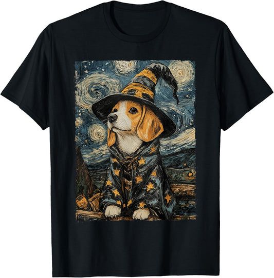 Beagle Witch Costume Painting Starry Night Dog T-Shirt - T-Shirt | Black