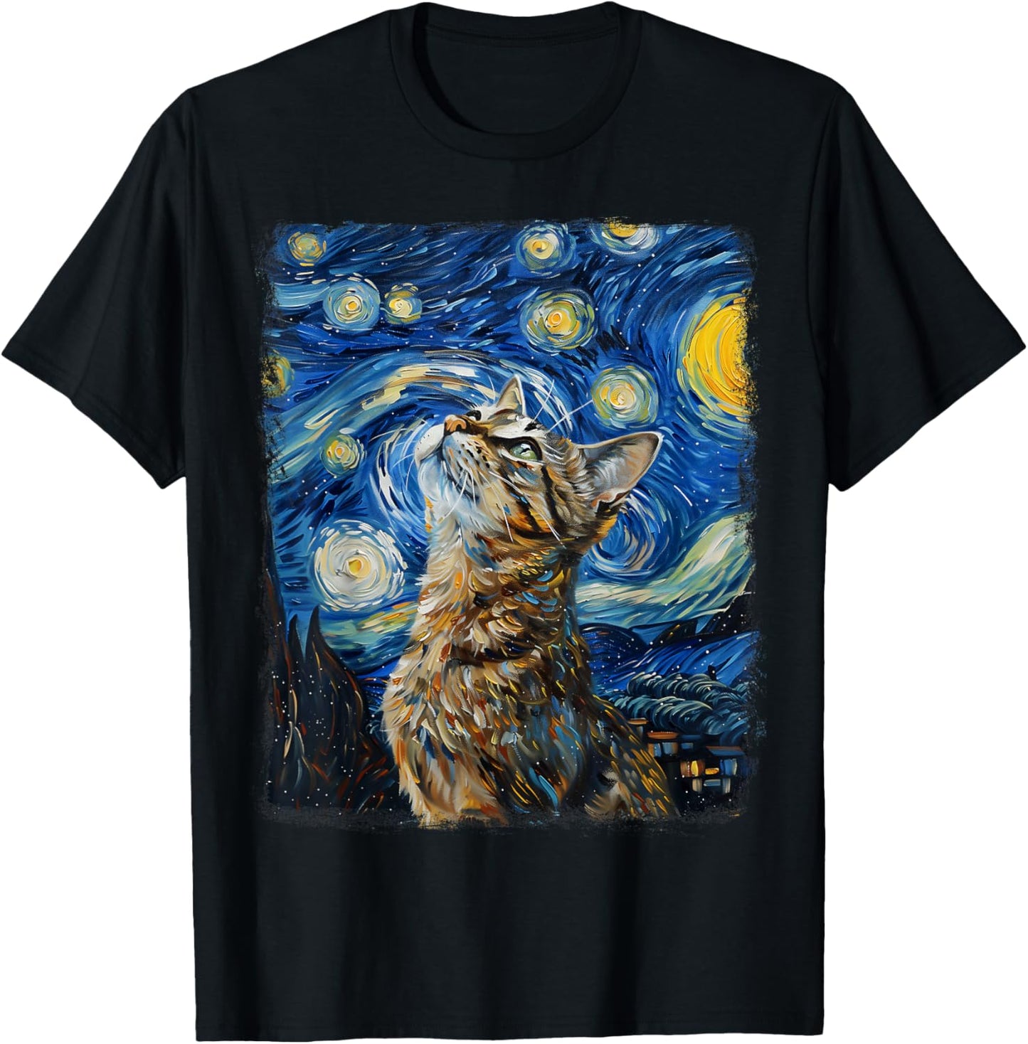 Tabby Cat Orange Cat Starry Night Painting T-Shirt - T-Shirt | Black