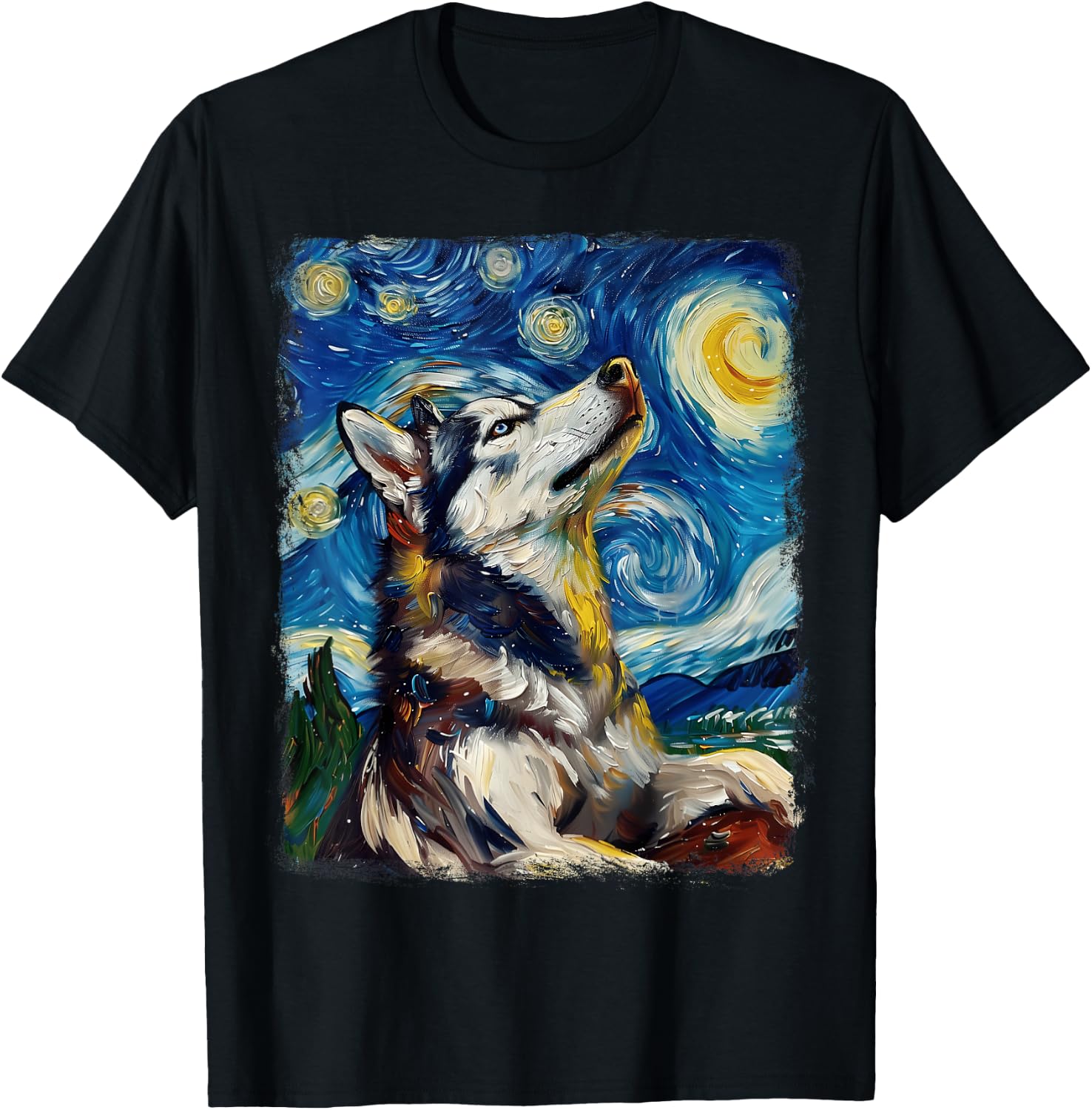 Siberian Husky Dog Starry Night Painting T-Shirt - T-Shirt | Black
