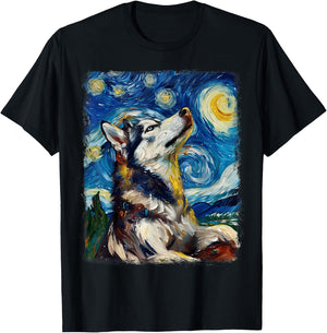 Siberian Husky Dog Starry Night Painting T-Shirt - T-Shirt | Black
