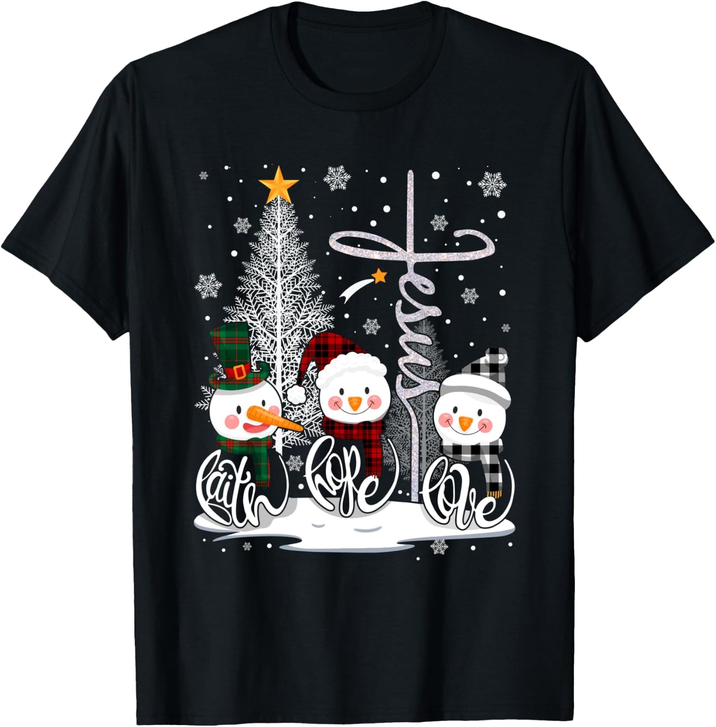Faith Hope Love Snowman Jesus Christian Tree Christmas T-Shirt - T-Shirt | Black