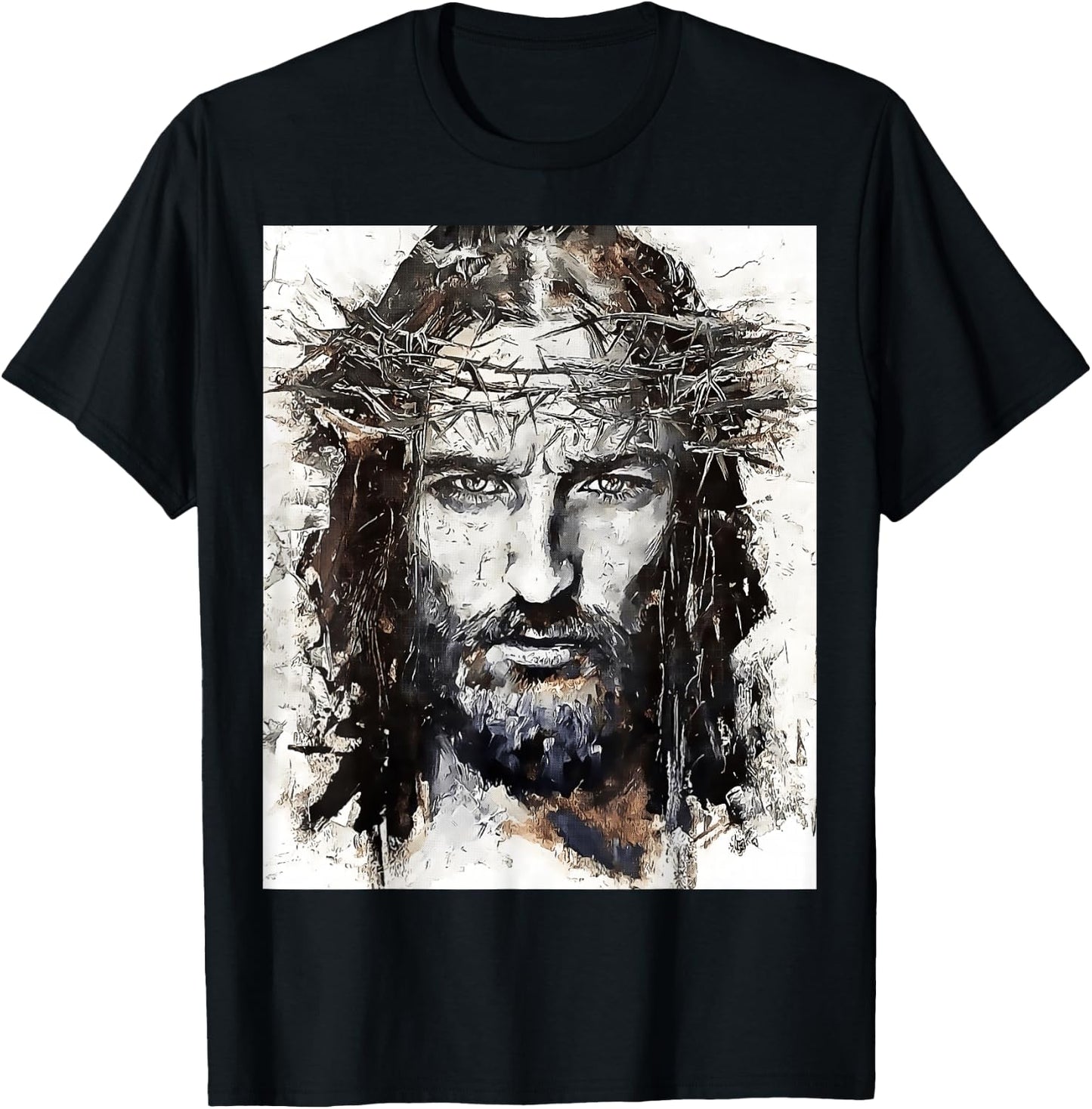 Vintage Art Face Of Jesus On A Cross With Crown Of Thorns T-Shirt - T-Shirt | Black