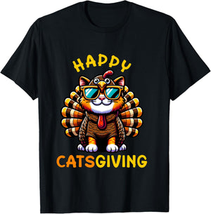 Happy Catsgiving Thanksgiving Funny Turkey Cat T-Shirt - T-Shirt | Black