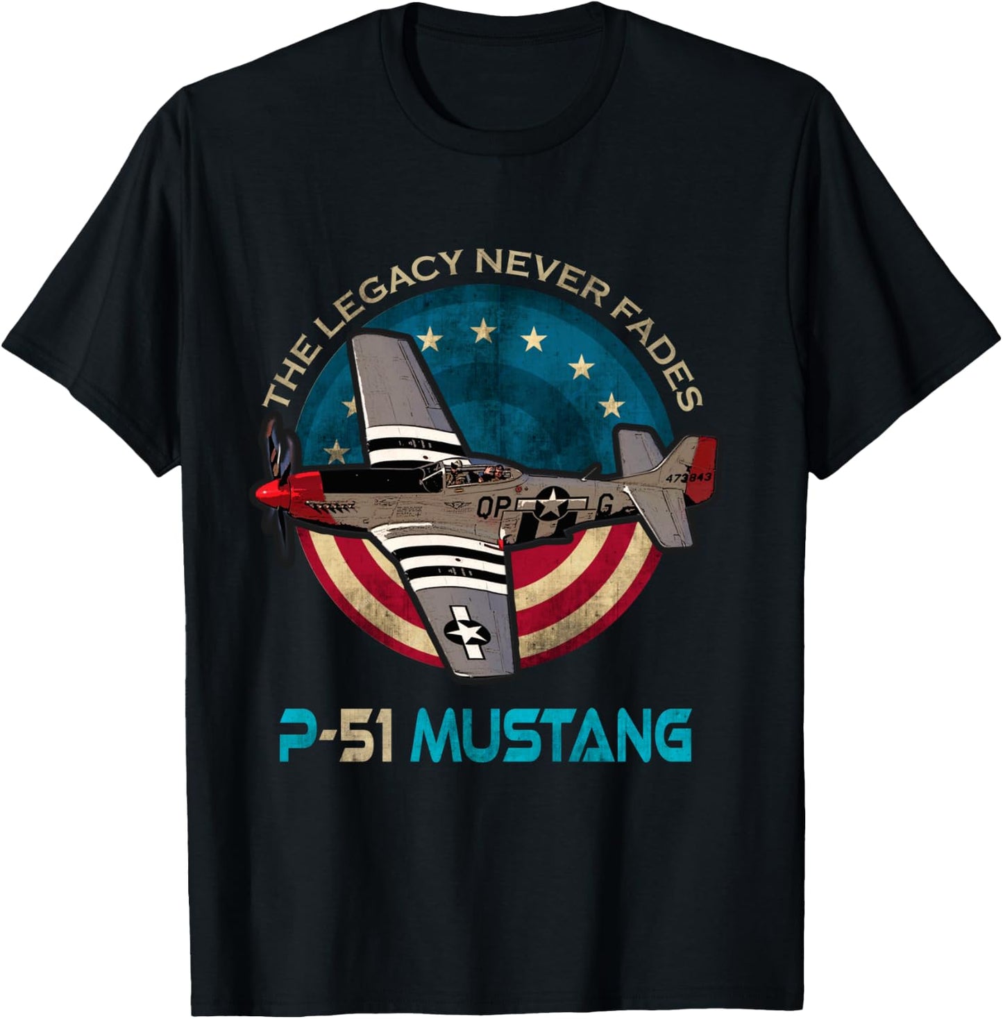 P-51 Mustang American WW2 Fighter Airplane Vintage USA Flag T-Shirt - T-Shirt | Black