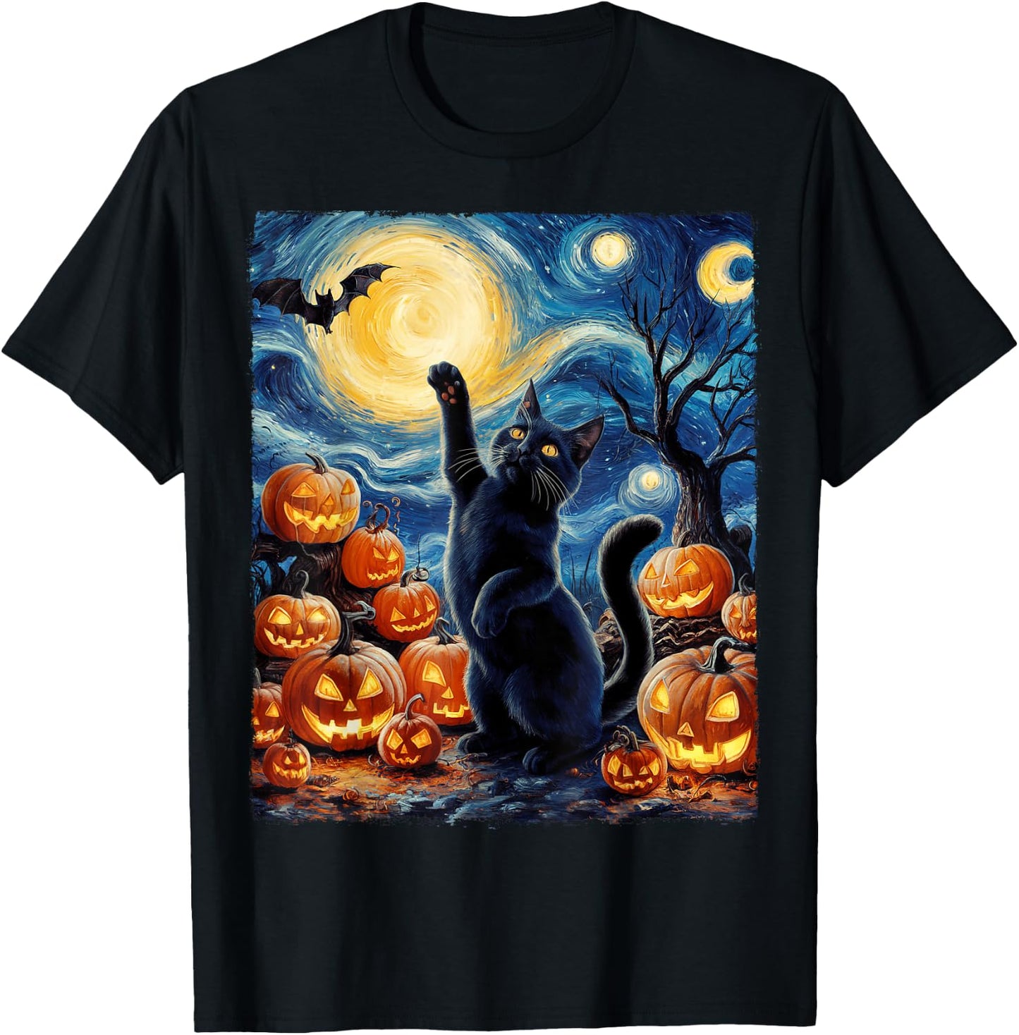 Halloween Cat Van Gogh Starry Night Pumpkin Gifts Men Women T-Shirt - T-Shirt | Black