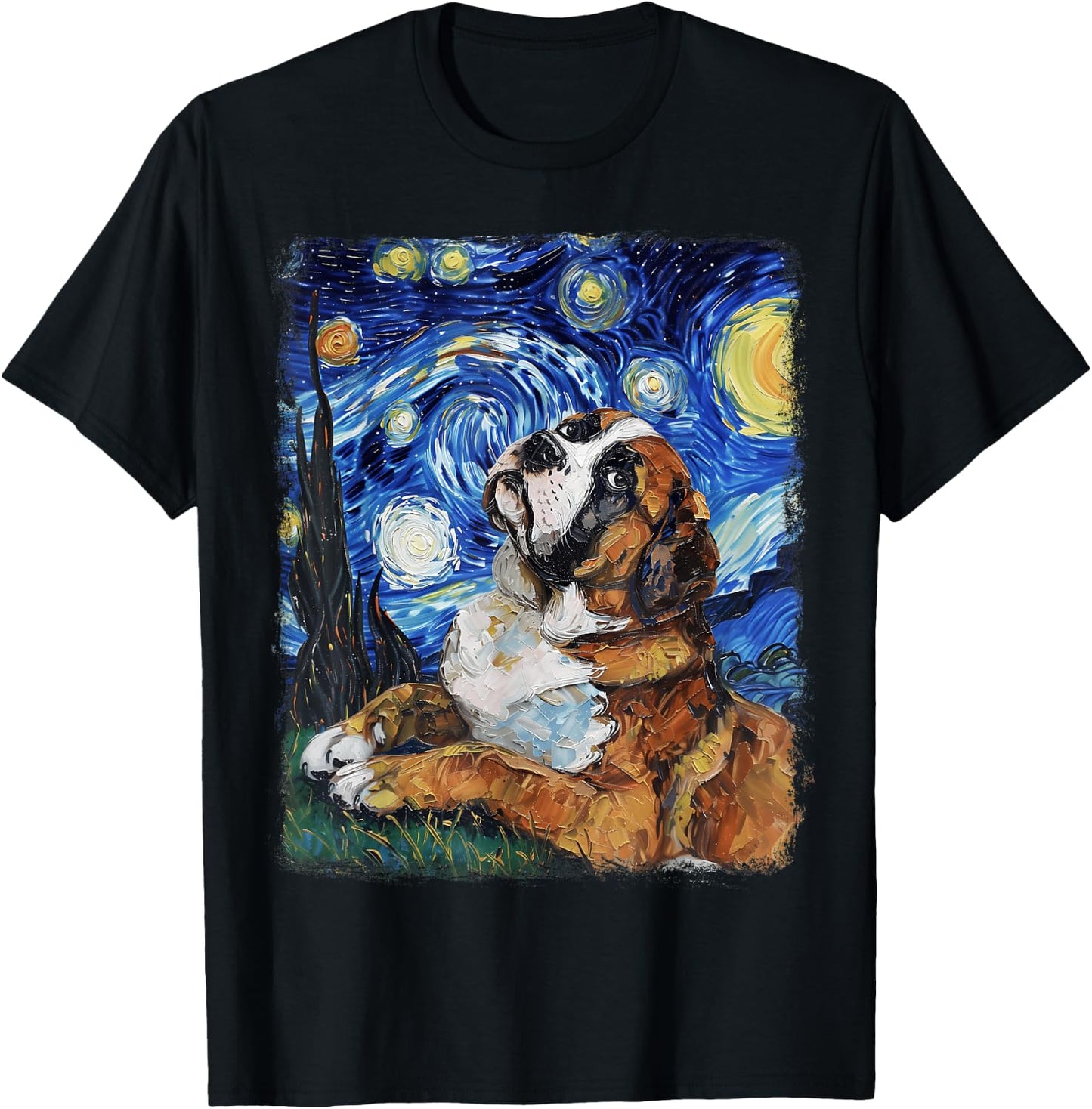 St. Bernard Dog Starry Night Painting T-Shirt - T-Shirt | Black
