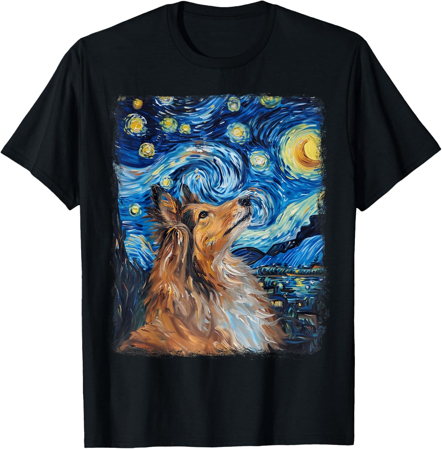 Shetland Sheepdogs Dog Starry Night Painting T-Shirt - T-Shirt | Black