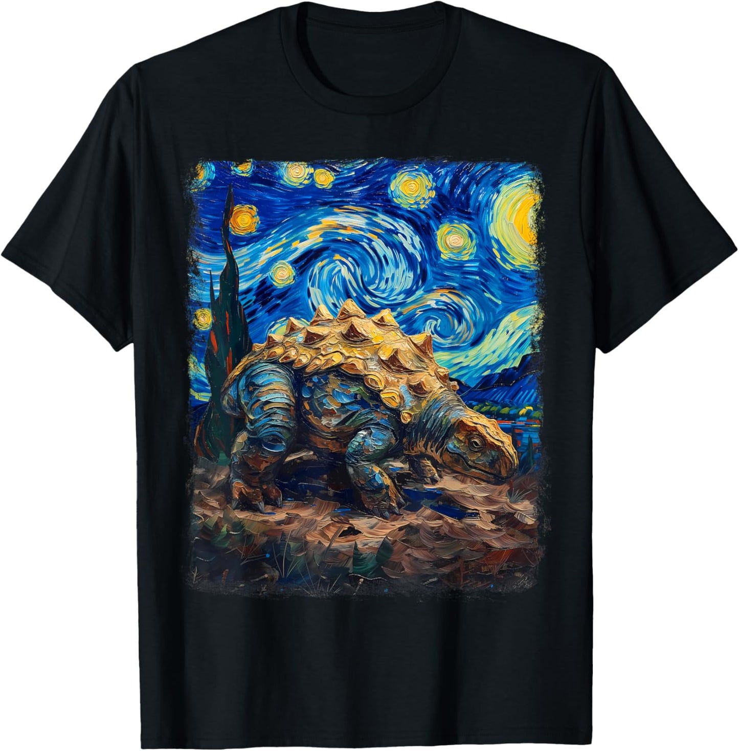 Ankylosaurus Dinosaur Starry Night Painting T-Shirt - T-Shirt | Black