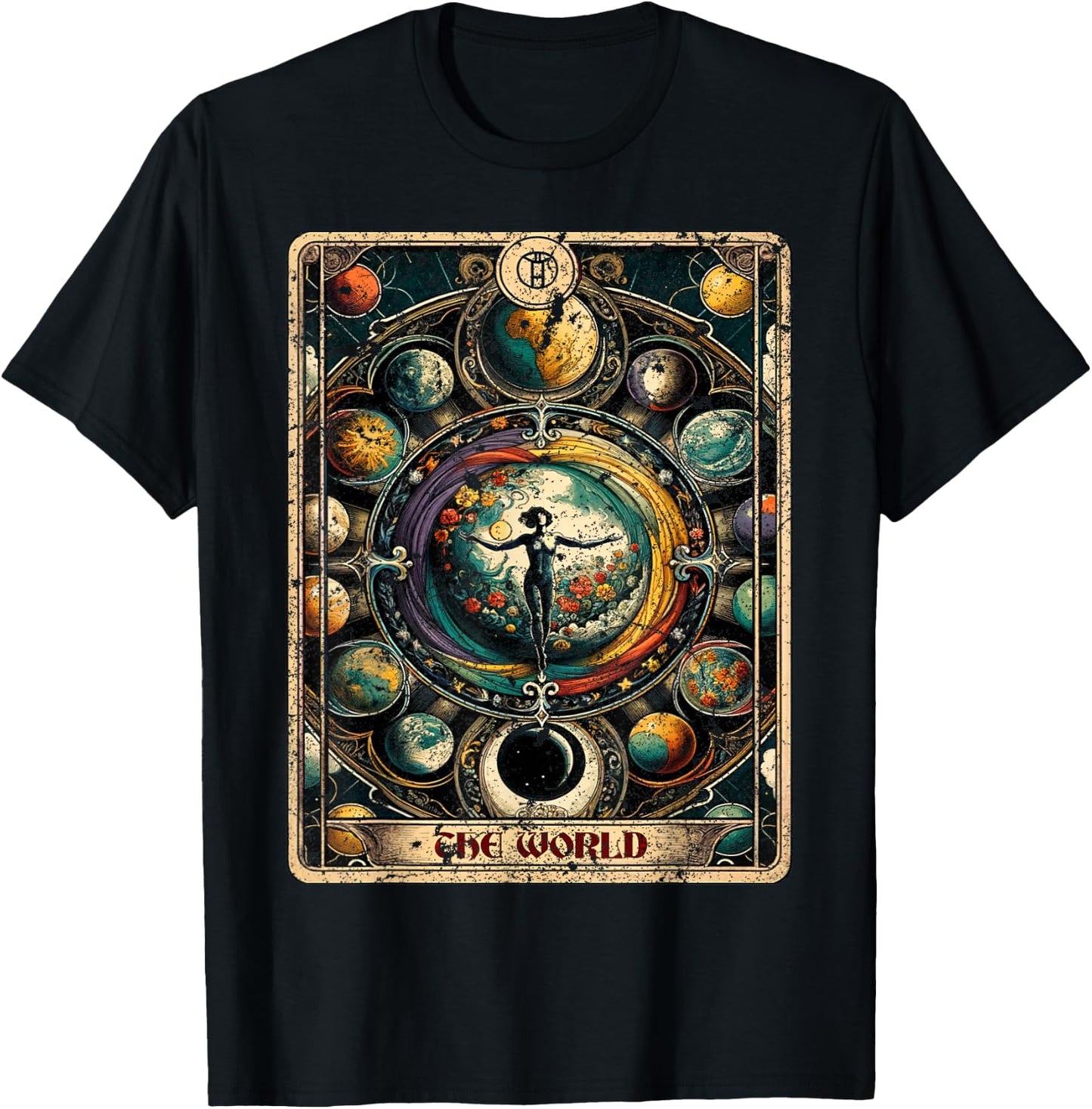 Distressed Grunge Worn Out Style The World Tarot Card T-Shirt - T-Shirt | Black