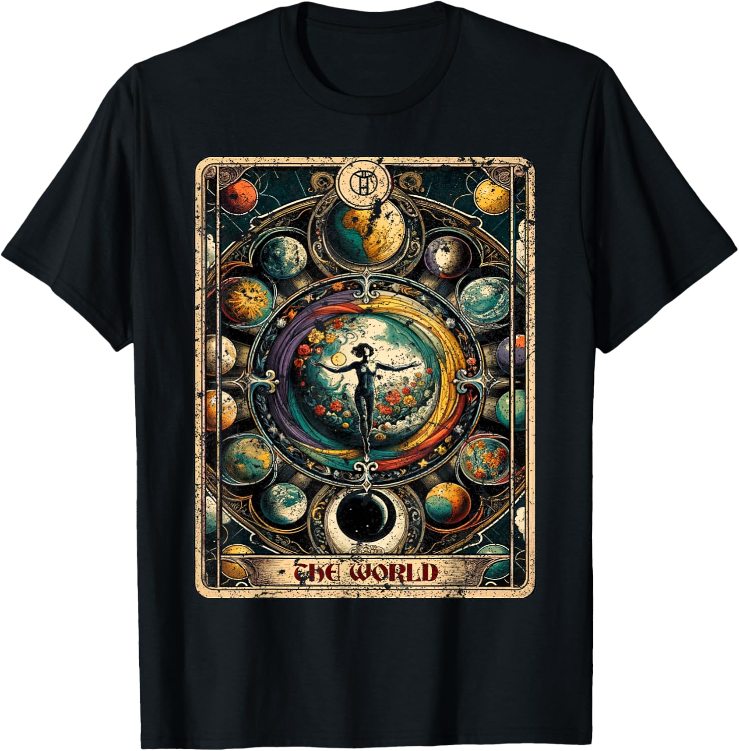 Distressed Grunge Worn Out Style The World Tarot Card T-Shirt - T-Shirt | Black