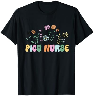 Retro Vintage Floral PICU Nurse Shirt Nurse Week T-Shirt - T-Shirt | Black