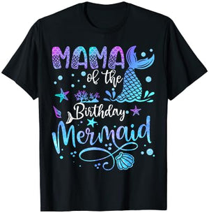 Mama Of The Birthday Mermaid Bday Party Mermaid T-Shirt - T-Shirt | Black