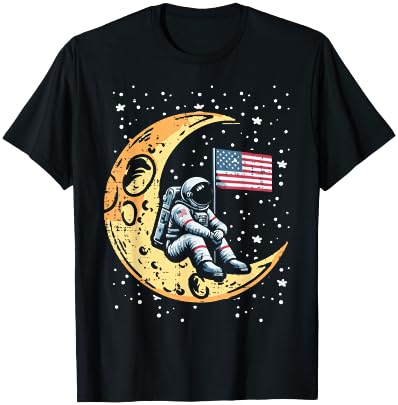 Astronaut Crescent Moon US Flag Space Patriot Men Women Kids T-Shirt - T-Shirt | Black
