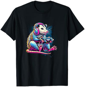 Funny Distressed Possum Gaming Retro Opossum Video Games T-Shirt - T-Shirt | Black