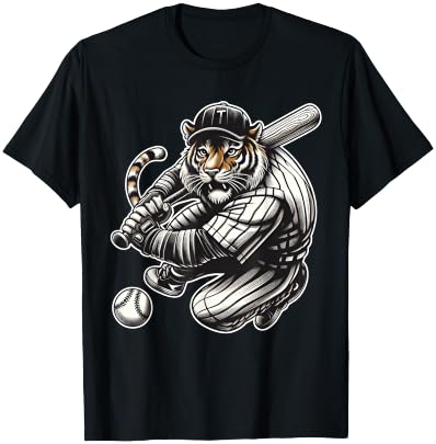 Funny Tiger Playing Baseball Cute Baseball T-Shirt - T-Shirt | Black